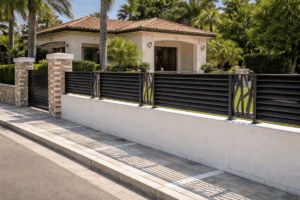 Μεταλλικό κάγκελο σύγχρονου σχεδιασμού, με περσίδες και διακοσμητικά στοιχεία